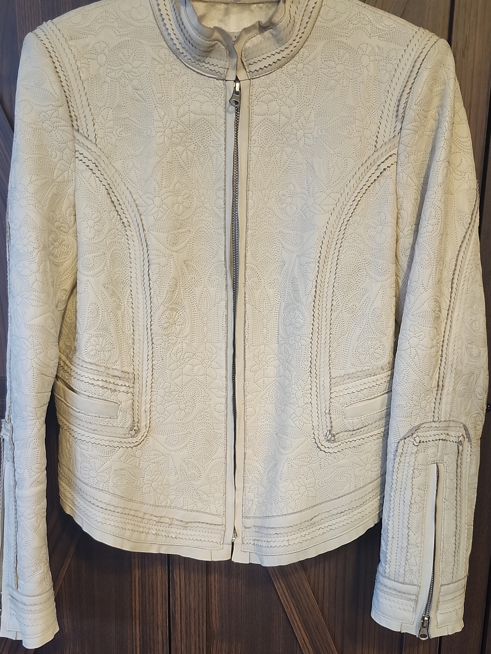 Peter Nygard Cream Embossed Leather Zip Jacket